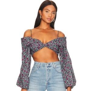 Lovers + Friends Pearl Puff Sleeve Crop Top Off Shoulder Blue Multi Floral Small